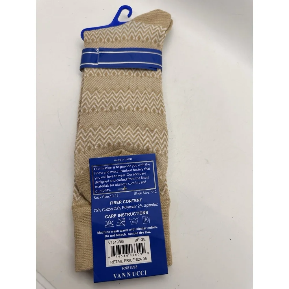 Vannucci Fashion Men's Cotton Dress Socks Beige Chevron Pattern New